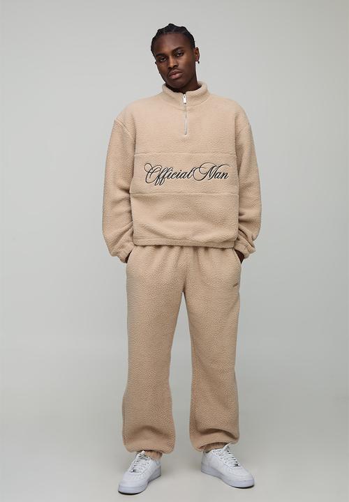 boohooMAN - Oversized Boxy Borg Panel Slogan Quarter Zip Funnel Sweatshirt - Sand