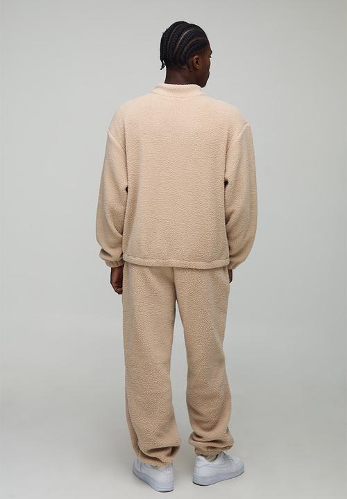 boohooMAN - Oversized Boxy Borg Panel Slogan Quarter Zip Funnel Sweatshirt - Sand