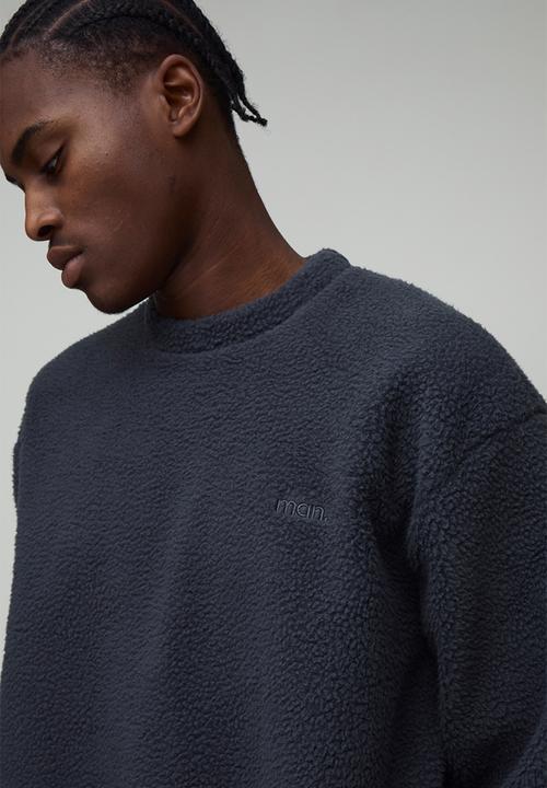 boohooMAN - Oversized Boxy Borg MAN. Embroidered Sweatshirt - Charcoal