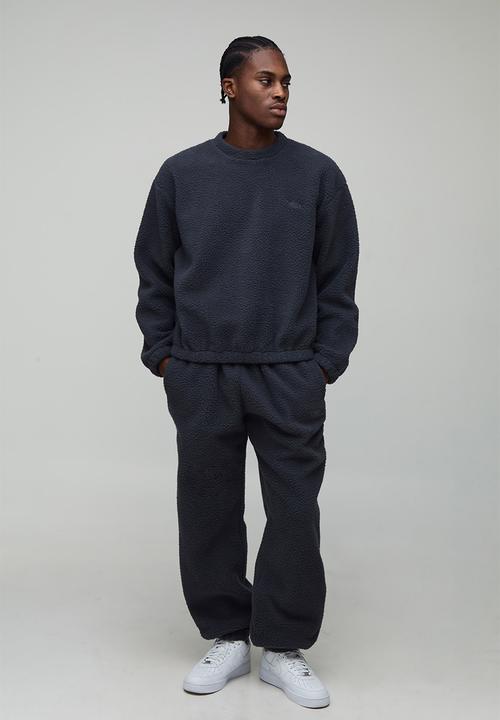 boohooMAN - Oversized Boxy Borg MAN. Embroidered Sweatshirt - Charcoal