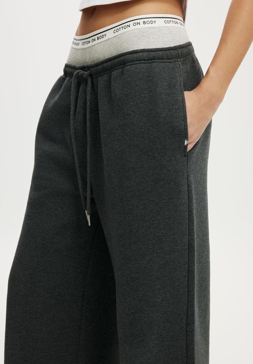 Cotton On - Plush Tie Waist Wide Leg Sweatpant - Dark Grey Marle
