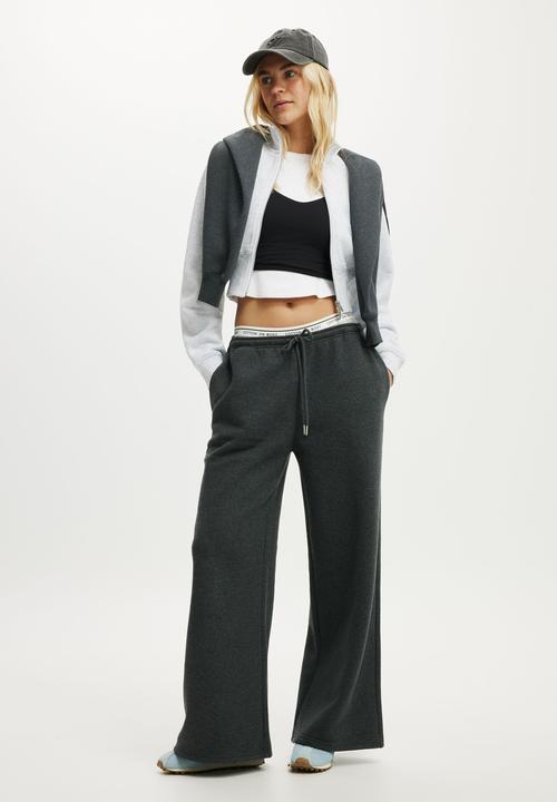 Cotton On - Plush Tie Waist Wide Leg Sweatpant - Dark Grey Marle