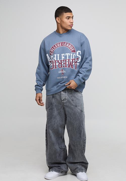 boohooMAN - Oversized Washed Varsity Graphic Sweatshirt - slate blue
