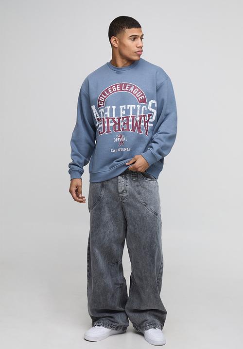 boohooMAN - Oversized Washed Varsity Graphic Sweatshirt - slate blue