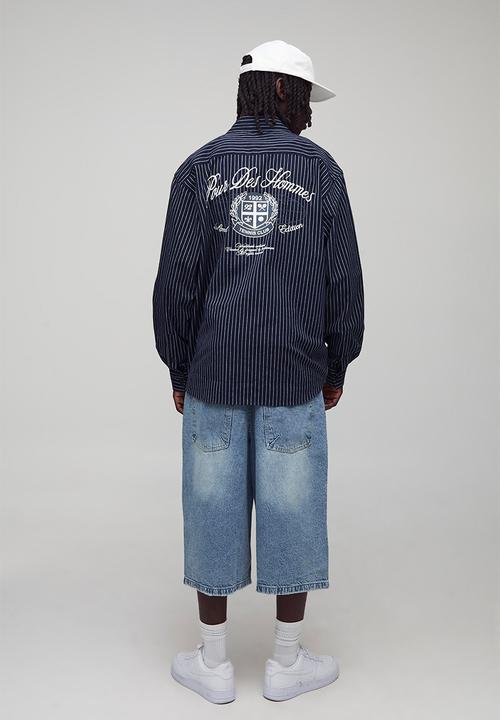 boohooMAN - Oversized Long Sleeve Embroidered Stripe Shirt - Navy