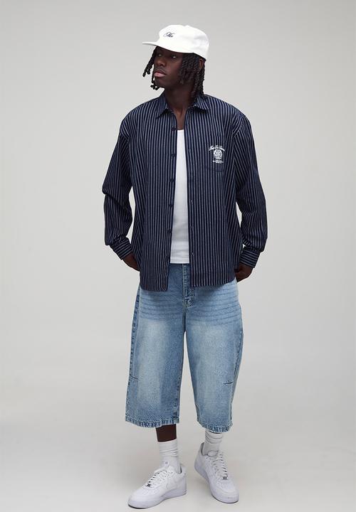 boohooMAN - Oversized Long Sleeve Embroidered Stripe Shirt - Navy