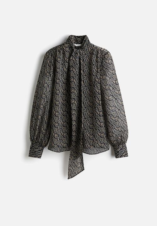 H&M - Tie-neck chiffon blouse - navy blue/paisley pattern