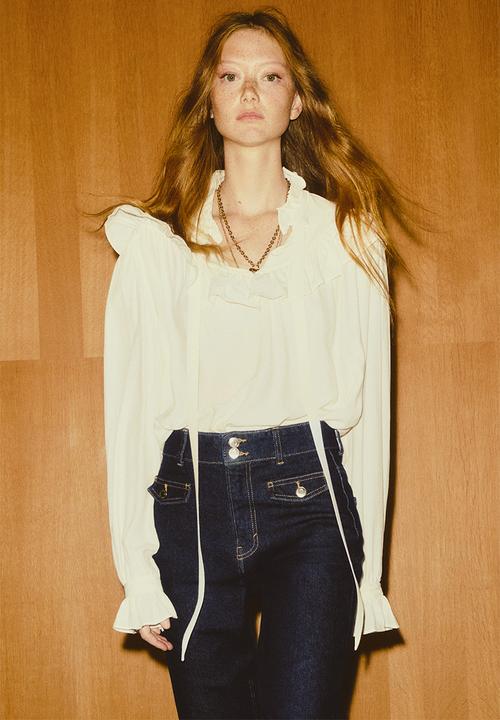 Frill-trimmed blouse - cream - 1308403001