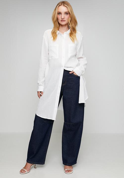 Izabel London - Long sleeve Button Through Midi Shirt Dress - White
