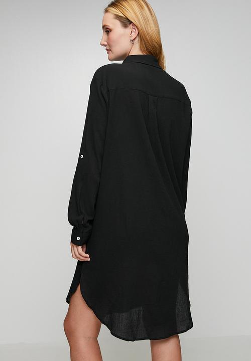 Izabel London - Long sleeve Button Through Midi Shirt Dress - Black
