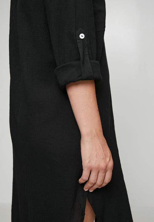 Izabel London - Long sleeve Button Through Midi Shirt Dress - Black