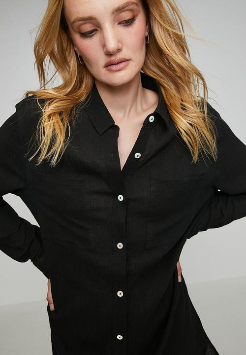 Izabel London - Long sleeve Button Through Midi Shirt Dress - Black