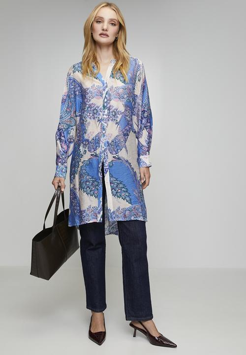 Stella Morgan - Long sleeve Button Through Sheer Printed Blouse - Blue