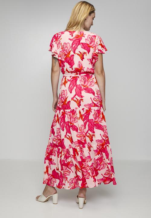 Stella Morgan - Cap Sleeve V-Neck Multi Tier Maxi Dress With Waist Tie Belt - Red
