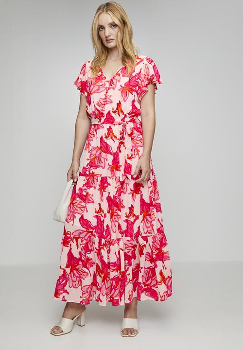 Stella Morgan - Cap Sleeve V-Neck Multi Tier Maxi Dress With Waist Tie Belt - Red