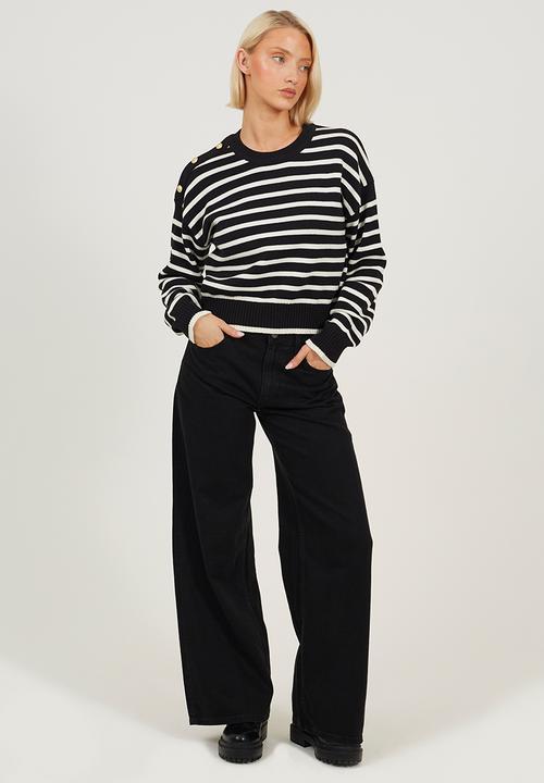 Brave Soul - Crew Neck Stripe Cotton Boxy Shape Jumper - Black/Ivory Stripe