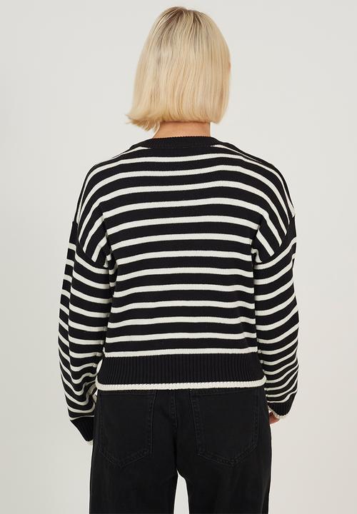 Brave Soul - Crew Neck Stripe Cotton Boxy Shape Jumper - Black/Ivory Stripe