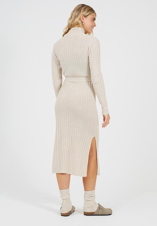Brave Soul - Roll Neck Rib Dress With Belt - Stone