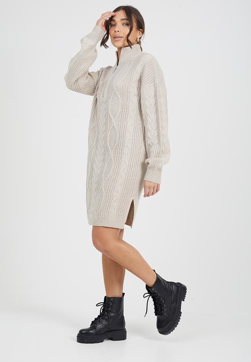 Brave Soul - Half Zip Neck All Over Cable Dress - Stone