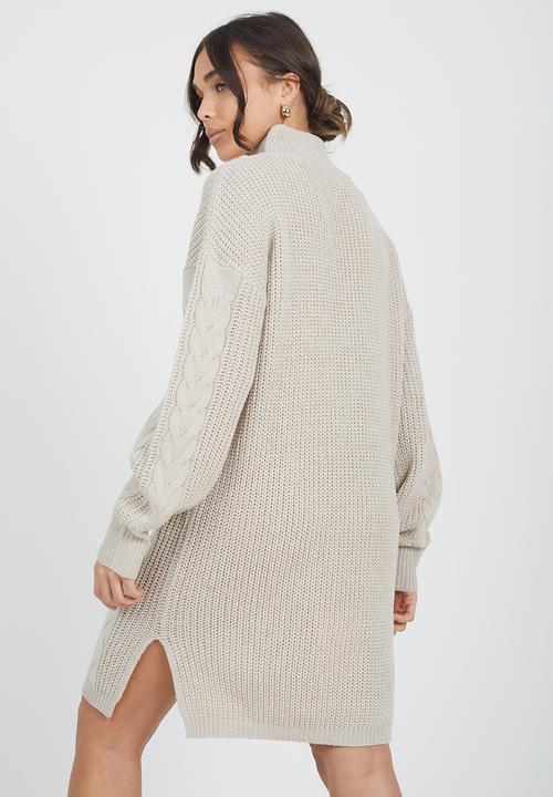 Brave Soul - Half Zip Neck All Over Cable Dress - Stone