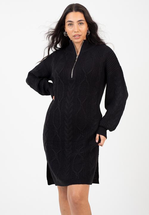 Brave Soul - Half Zip Neck All Over Cable Dress - Black