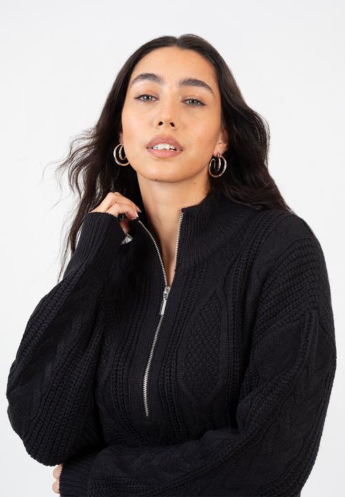Brave Soul - Half Zip Neck All Over Cable Dress - Black
