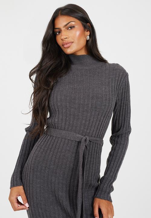 Brave Soul - Roll Neck Rib Dress With Belt - Charcoal