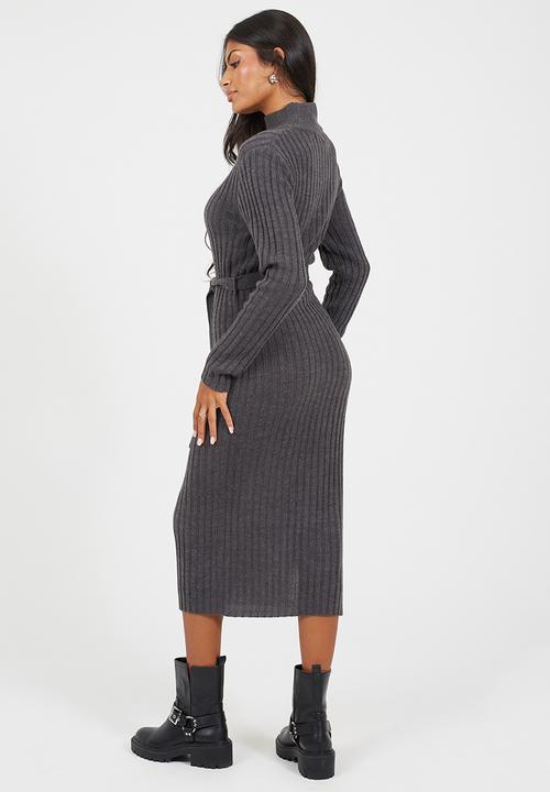 Brave Soul - Roll Neck Rib Dress With Belt - Charcoal