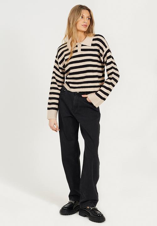 Brave Soul - JumperWith Deep Cuff - Oatmeal/Black Stripe