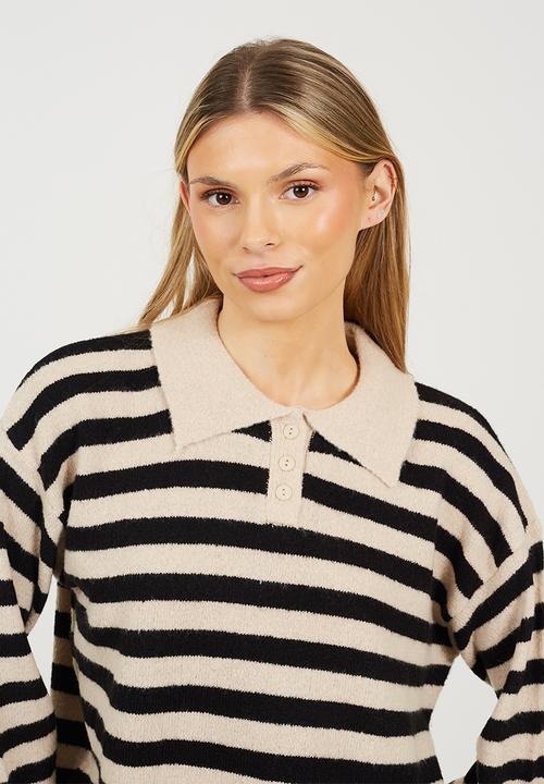 Brave Soul - JumperWith Deep Cuff - Oatmeal/Black Stripe