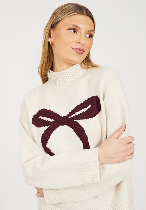 Brave Soul - Crew Neck Cardi - Ivory/Wine Bow