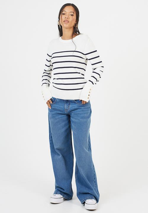 Brave Soul - Crew Neck Jumper With Non Functional Button - Ivory/Navy