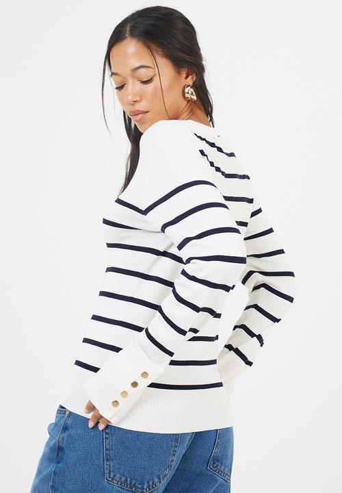 Brave Soul - Crew Neck Jumper With Non Functional Button - Ivory/Navy