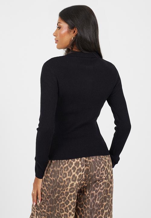 Brave Soul - Polo Collar Rib Jumper With Buttons Placket - Black