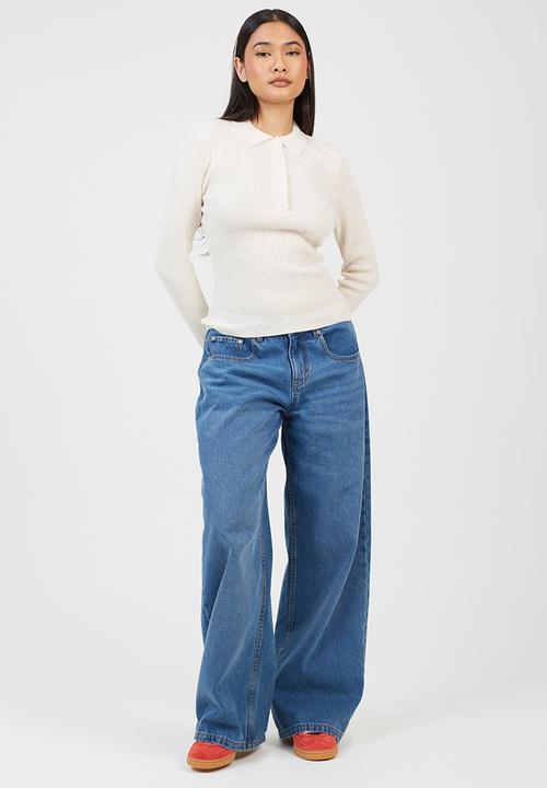 Brave Soul - Polo Collar Rib Jumper With Buttons Placket - Cream