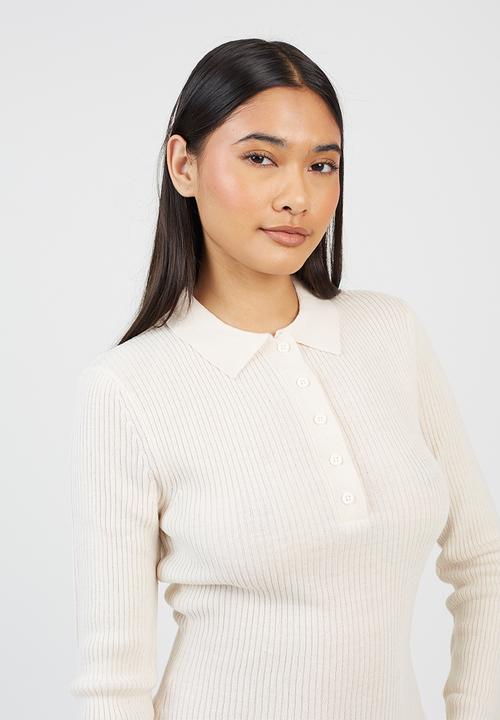 Brave Soul - Polo Collar Rib Jumper With Buttons Placket - Cream