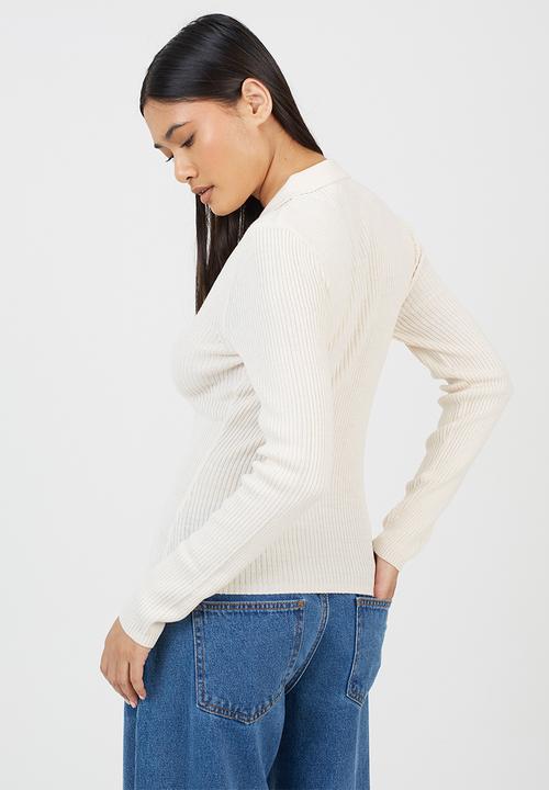 Brave Soul - Polo Collar Rib Jumper With Buttons Placket - Cream
