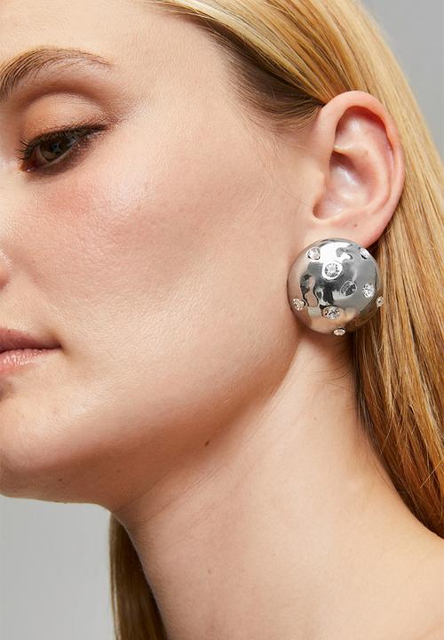 Tessa Design - Dela Diamante Encrusted Dome Pin Earrings - Silver