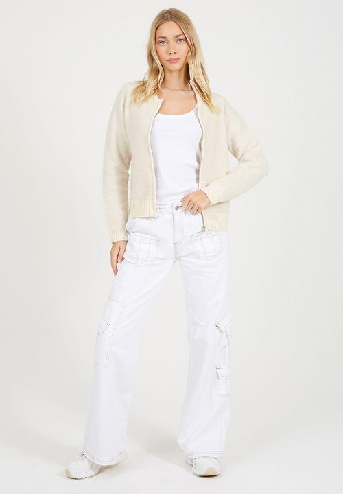 Brave Soul - Zip Through Bomber Jacket With Boucle Yarn - Ivory