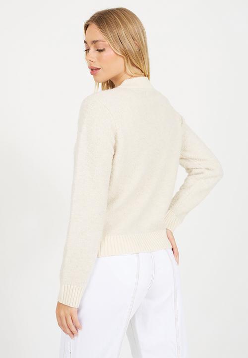 Brave Soul - Zip Through Bomber Jacket With Boucle Yarn - Ivory