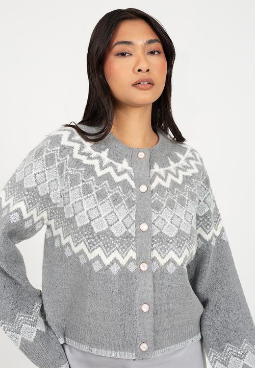 Brave Soul - Fairisle Yok Cardi With Pearl Buttons - Grey Mel/Ivory/Silver