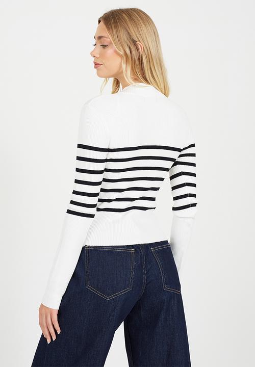Brave Soul - Zip Through Turtle Neck Cardi With Stripe Detail - White/Black