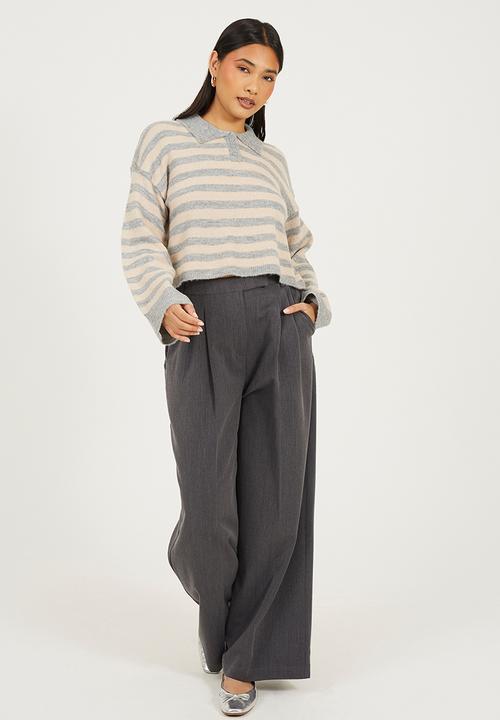 Brave Soul - JumperWith Deep Cuff - Dove Grey/Oatmeal Stripe