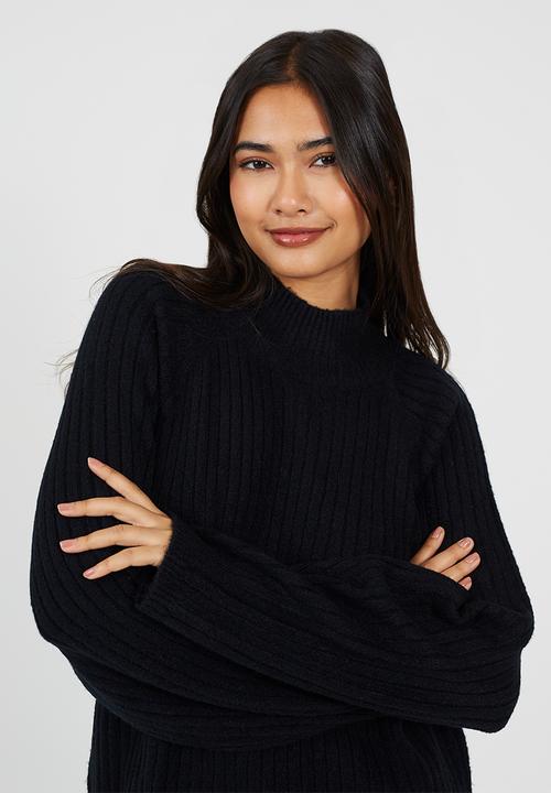 Brave Soul - Mossy Yarn Ribbed Raglan Sleeve Jumper With Turtle Neck - Black