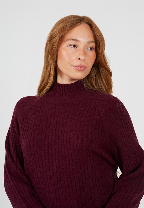 Brave Soul - Mossy Yarn Ribbed Raglan Sleeve Jumper With Turtle Neck - Wine