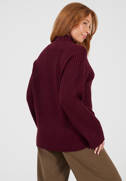 Brave Soul - Mossy Yarn Ribbed Raglan Sleeve Jumper With Turtle Neck - Wine