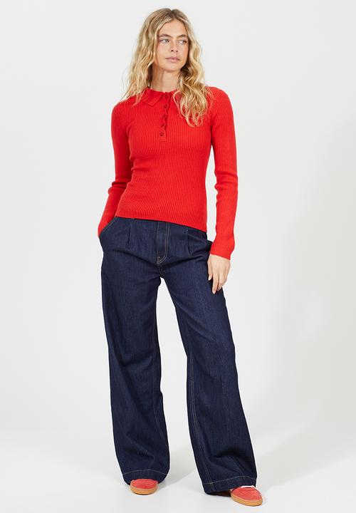 Brave Soul - Polo Collar Rib Jumper With Buttons Placket - Red