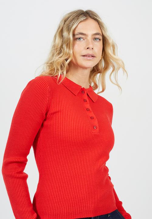 Brave Soul - Polo Collar Rib Jumper With Buttons Placket - Red