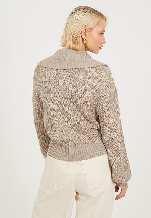 Zip Up Fisherman Knit Cardi With Collar Detail - Mink