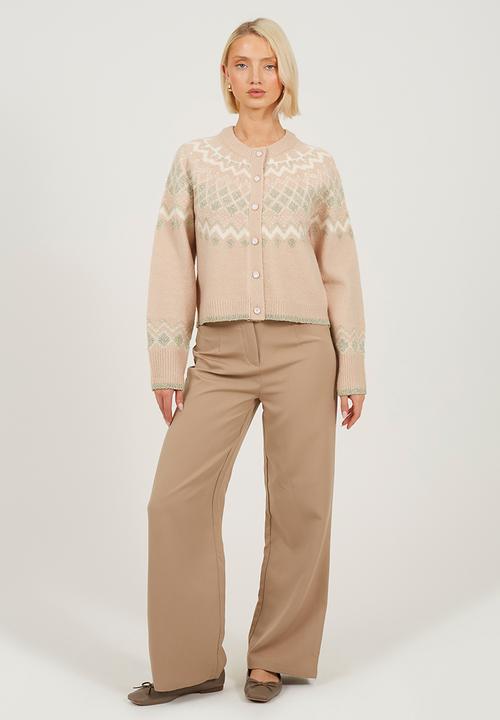 Fairisle Yok Cardi With Pearl Buttons - Blush/Ivory/Gold